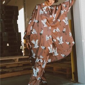 Elegant Brown Crane Print Women's Jumpsuit